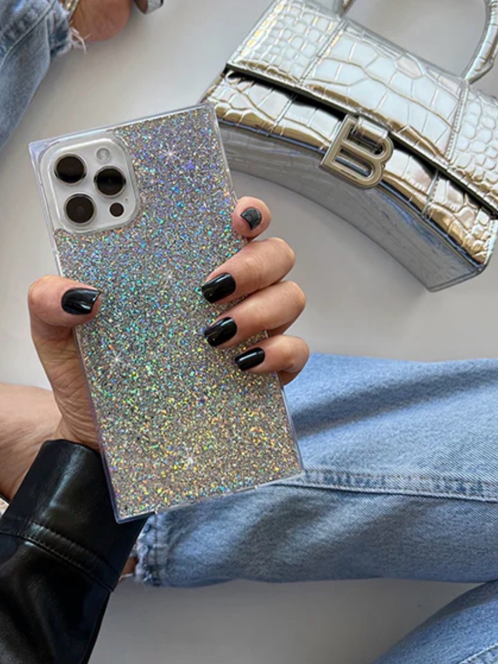 NIB FLAUNT SQUARE® Silver Glitter iPhone 16 Pro Max + MagSafe